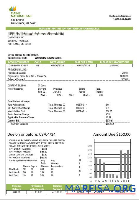 Downloadable USA Maine Natural Gas Portland business utility bill template in Word and PDF formats